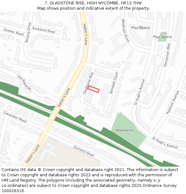 7, GLADSTONE RISE, HIGH WYCOMBE, HP13 7NW: Location map and indicative extent of plot