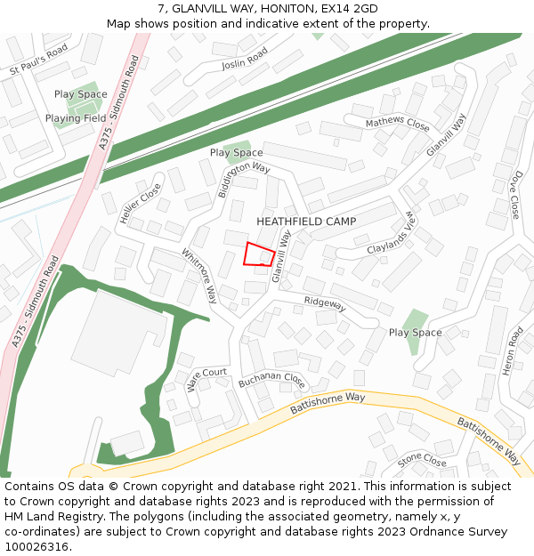 7, GLANVILL WAY, HONITON, EX14 2GD: Location map and indicative extent of plot