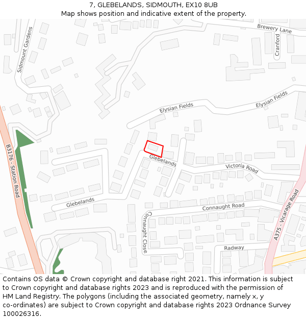 7, GLEBELANDS, SIDMOUTH, EX10 8UB: Location map and indicative extent of plot