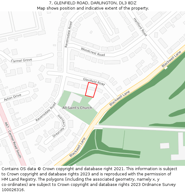 7, GLENFIELD ROAD, DARLINGTON, DL3 8DZ: Location map and indicative extent of plot