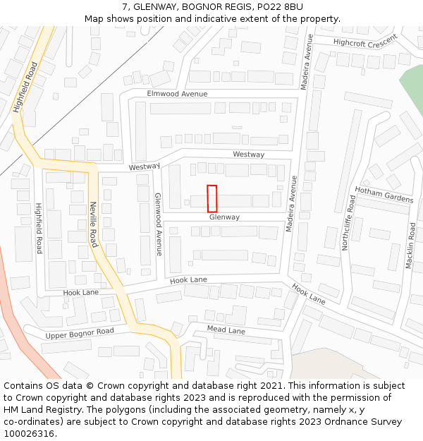 7, GLENWAY, BOGNOR REGIS, PO22 8BU: Location map and indicative extent of plot