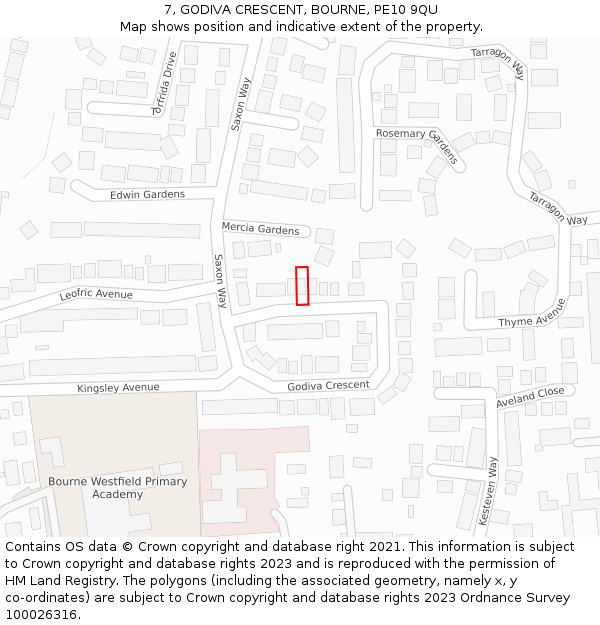 7, GODIVA CRESCENT, BOURNE, PE10 9QU: Location map and indicative extent of plot