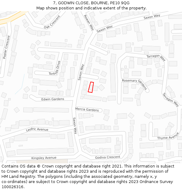 7, GODWIN CLOSE, BOURNE, PE10 9QG: Location map and indicative extent of plot