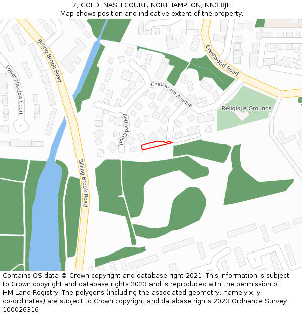 7, GOLDENASH COURT, NORTHAMPTON, NN3 8JE: Location map and indicative extent of plot