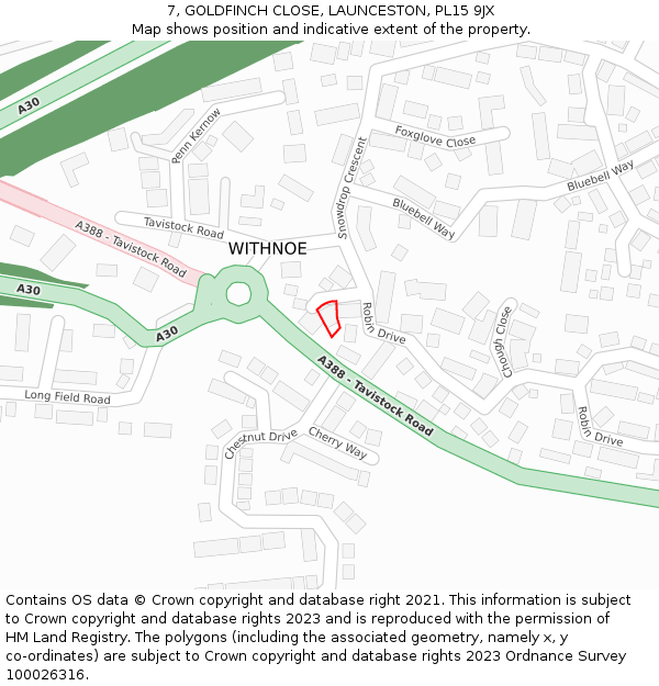 7, GOLDFINCH CLOSE, LAUNCESTON, PL15 9JX: Location map and indicative extent of plot