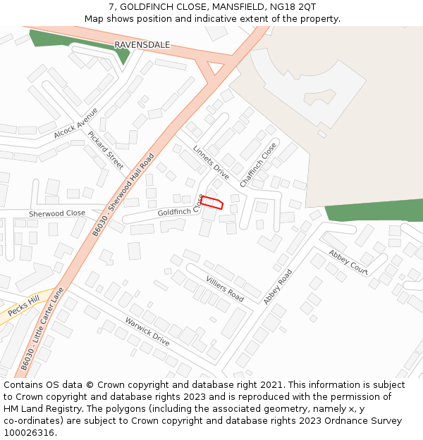 7, GOLDFINCH CLOSE, MANSFIELD, NG18 2QT: Location map and indicative extent of plot