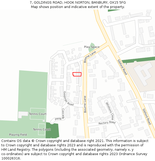 7, GOLDINGS ROAD, HOOK NORTON, BANBURY, OX15 5FG: Location map and indicative extent of plot