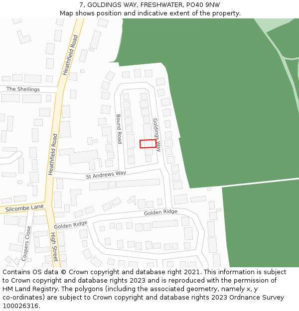 7, GOLDINGS WAY, FRESHWATER, PO40 9NW: Location map and indicative extent of plot