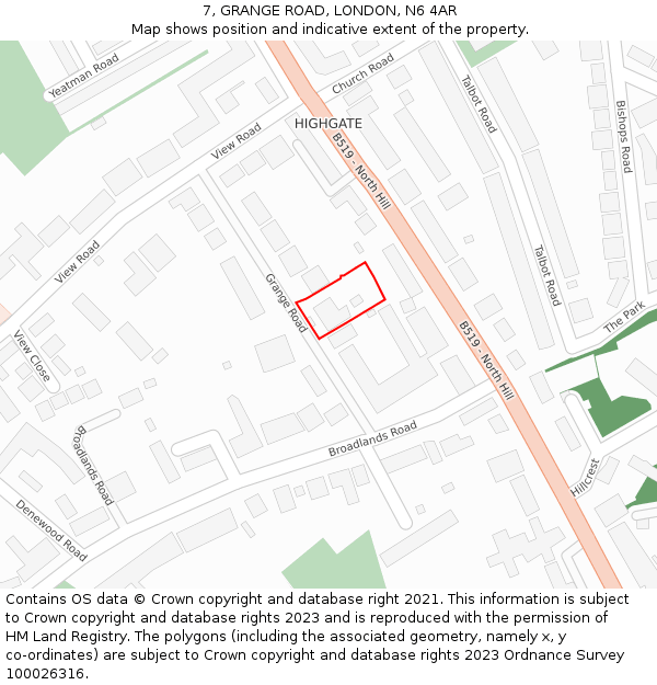 7, GRANGE ROAD, LONDON, N6 4AR: Location map and indicative extent of plot