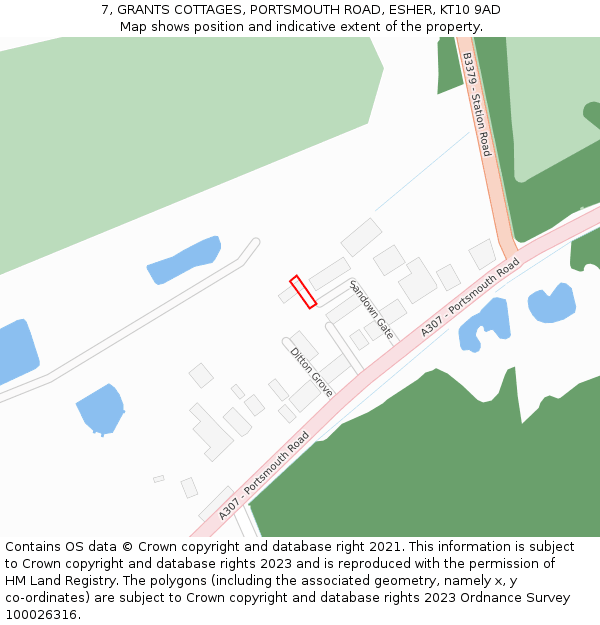 7, GRANTS COTTAGES, PORTSMOUTH ROAD, ESHER, KT10 9AD: Location map and indicative extent of plot