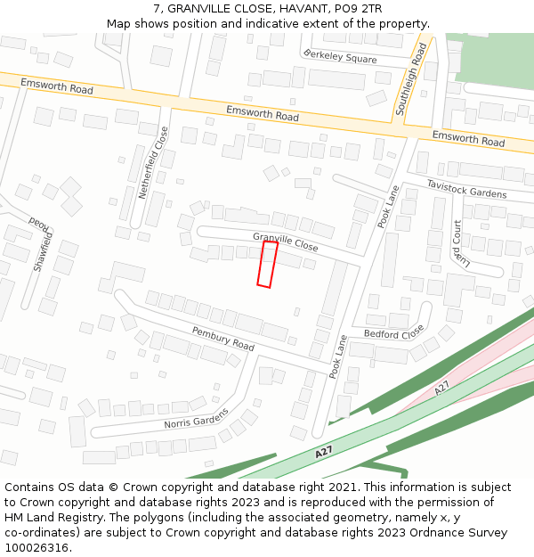 7, GRANVILLE CLOSE, HAVANT, PO9 2TR: Location map and indicative extent of plot