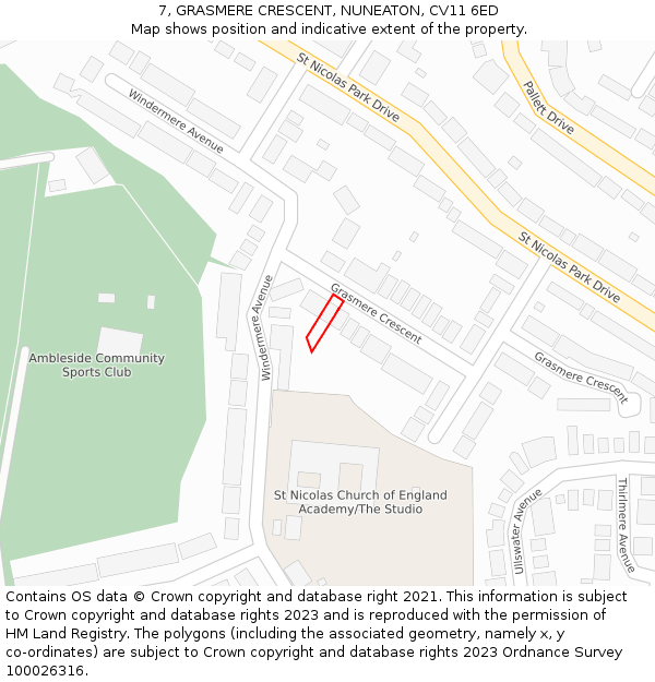 7, GRASMERE CRESCENT, NUNEATON, CV11 6ED: Location map and indicative extent of plot