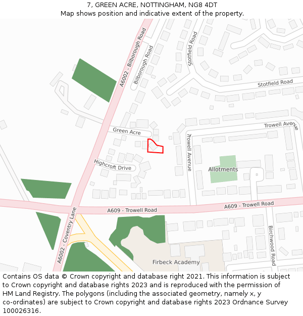 7, GREEN ACRE, NOTTINGHAM, NG8 4DT: Location map and indicative extent of plot