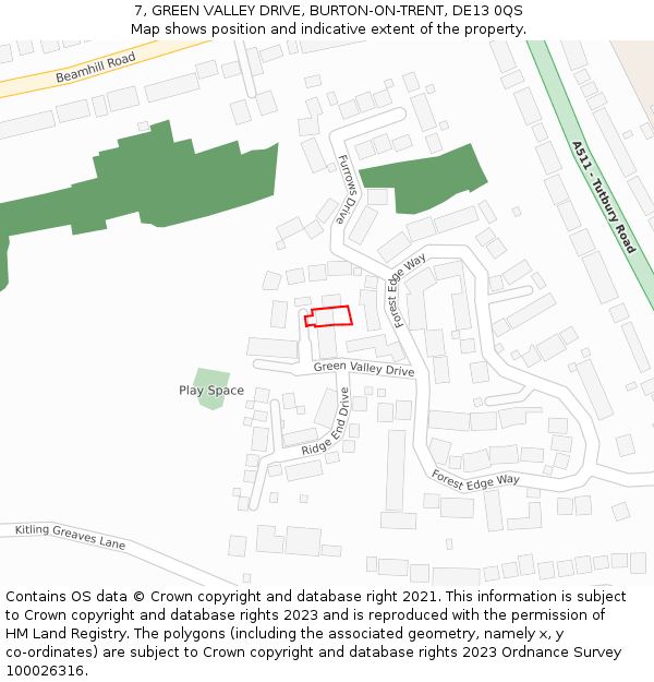 7, GREEN VALLEY DRIVE, BURTON-ON-TRENT, DE13 0QS: Location map and indicative extent of plot