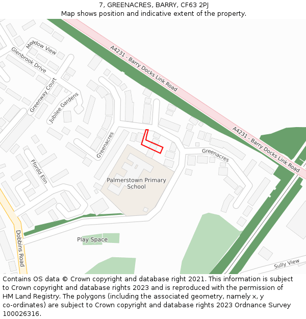 7, GREENACRES, BARRY, CF63 2PJ: Location map and indicative extent of plot