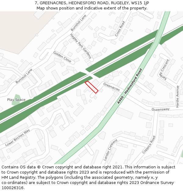 7, GREENACRES, HEDNESFORD ROAD, RUGELEY, WS15 1JP: Location map and indicative extent of plot