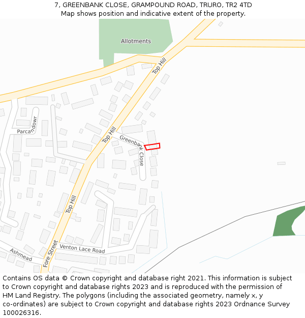 7, GREENBANK CLOSE, GRAMPOUND ROAD, TRURO, TR2 4TD: Location map and indicative extent of plot