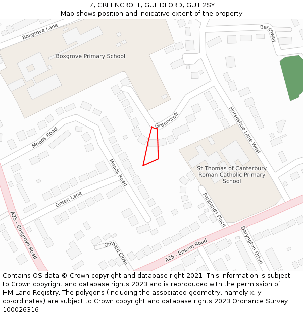 7, GREENCROFT, GUILDFORD, GU1 2SY: Location map and indicative extent of plot