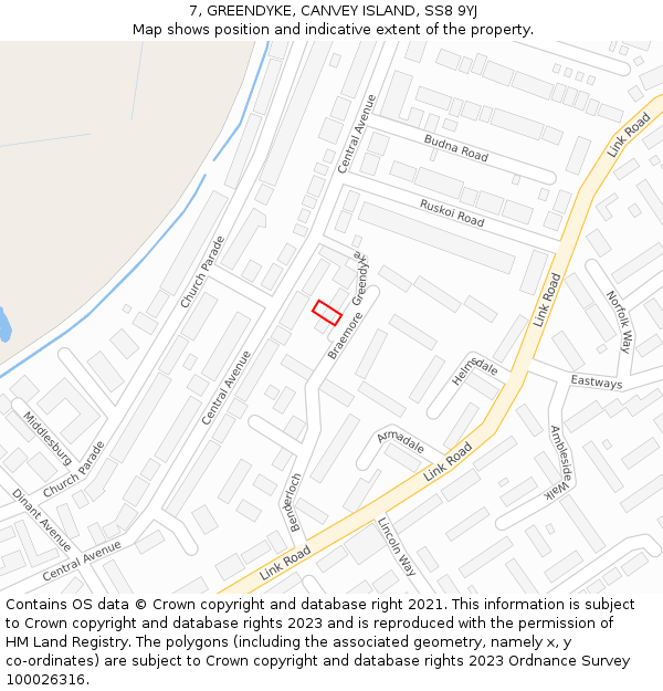 7, GREENDYKE, CANVEY ISLAND, SS8 9YJ: Location map and indicative extent of plot