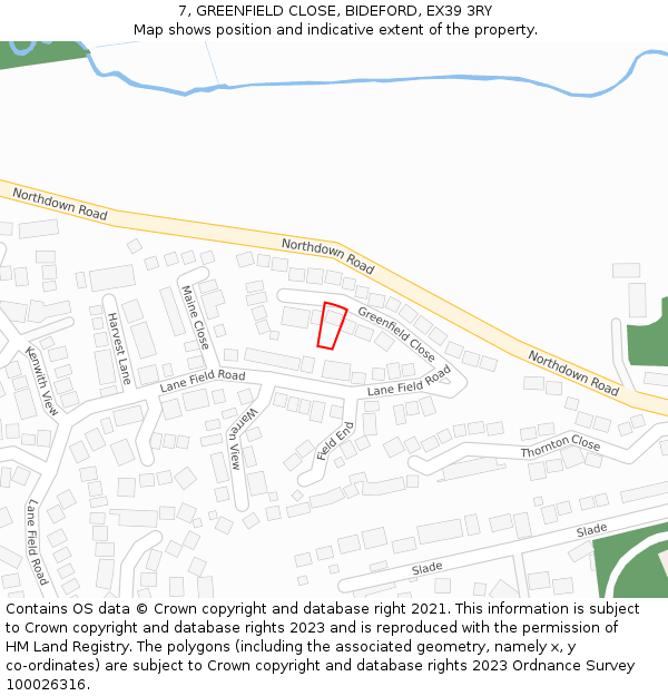 7, GREENFIELD CLOSE, BIDEFORD, EX39 3RY: Location map and indicative extent of plot