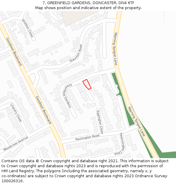 7, GREENFIELD GARDENS, DONCASTER, DN4 6TF: Location map and indicative extent of plot