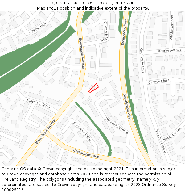 7, GREENFINCH CLOSE, POOLE, BH17 7UL: Location map and indicative extent of plot