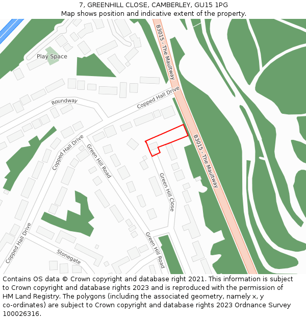 7, GREENHILL CLOSE, CAMBERLEY, GU15 1PG: Location map and indicative extent of plot