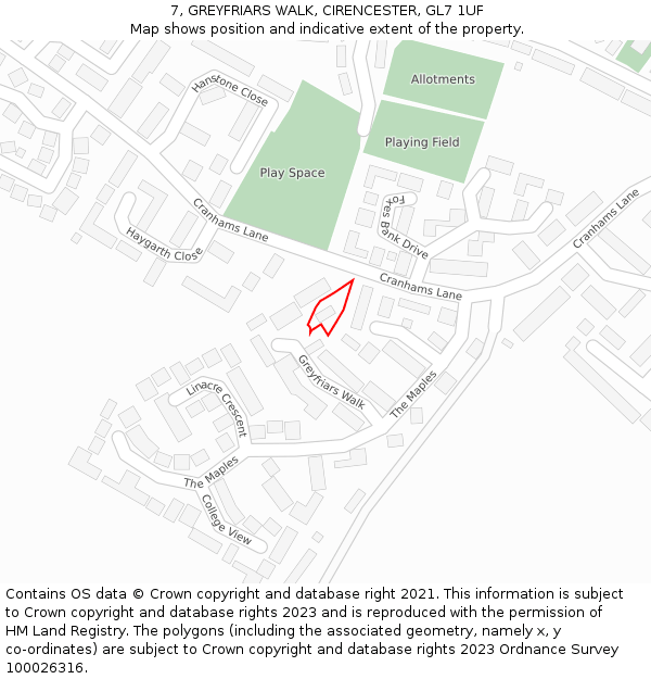 7, GREYFRIARS WALK, CIRENCESTER, GL7 1UF: Location map and indicative extent of plot