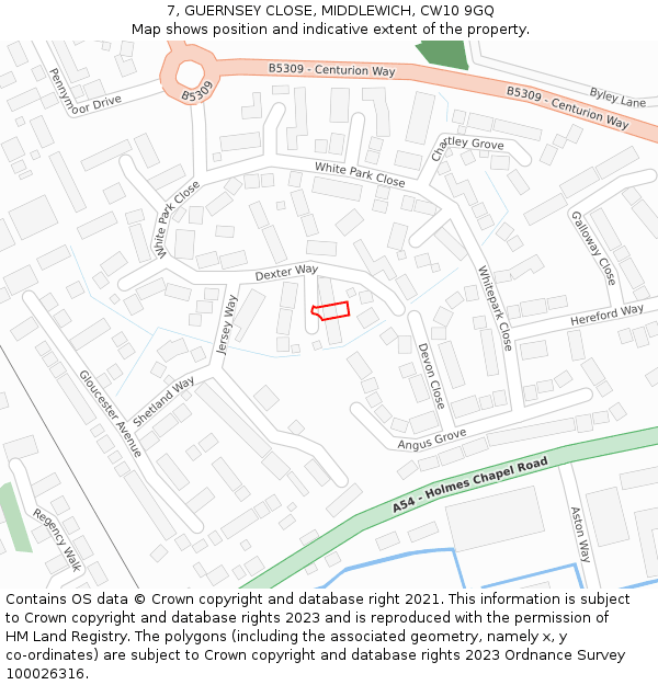 7, GUERNSEY CLOSE, MIDDLEWICH, CW10 9GQ: Location map and indicative extent of plot