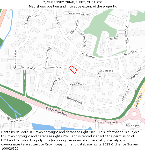 7, GUERNSEY DRIVE, FLEET, GU51 2TG: Location map and indicative extent of plot