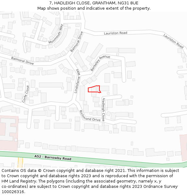 7, HADLEIGH CLOSE, GRANTHAM, NG31 8UE: Location map and indicative extent of plot