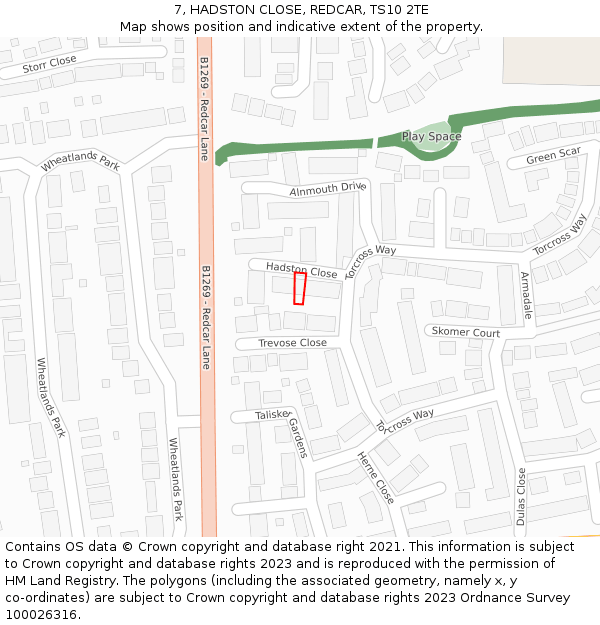 7, HADSTON CLOSE, REDCAR, TS10 2TE: Location map and indicative extent of plot