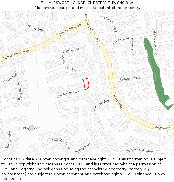 7, HALESWORTH CLOSE, CHESTERFIELD, S40 3LW: Location map and indicative extent of plot