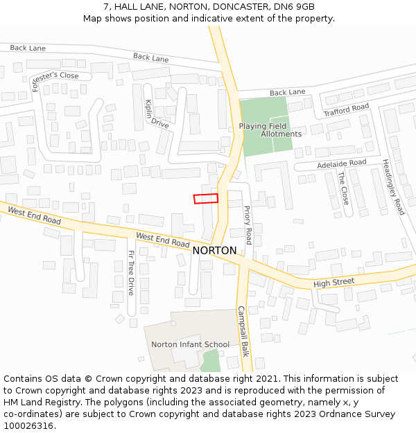 7, HALL LANE, NORTON, DONCASTER, DN6 9GB: Location map and indicative extent of plot