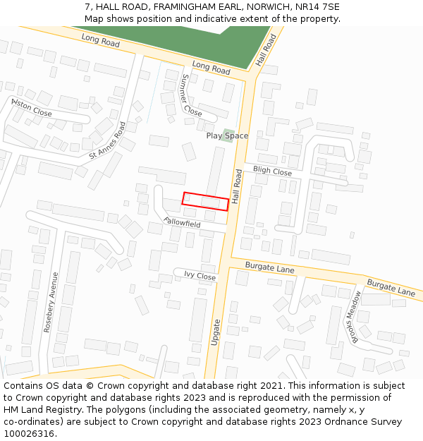 7, HALL ROAD, FRAMINGHAM EARL, NORWICH, NR14 7SE: Location map and indicative extent of plot