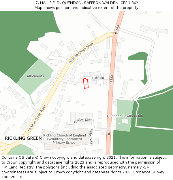 7, HALLFIELD, QUENDON, SAFFRON WALDEN, CB11 3XY: Location map and indicative extent of plot