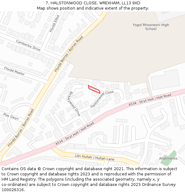 7, HALSTONWOOD CLOSE, WREXHAM, LL13 9XD: Location map and indicative extent of plot