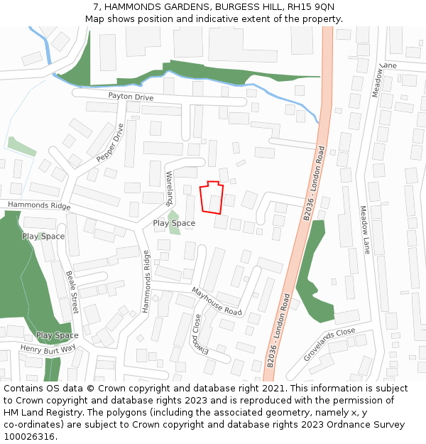 7, HAMMONDS GARDENS, BURGESS HILL, RH15 9QN: Location map and indicative extent of plot
