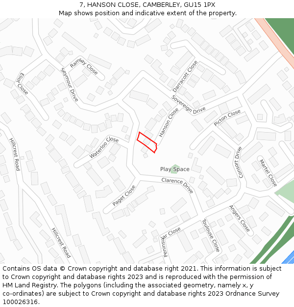 7, HANSON CLOSE, CAMBERLEY, GU15 1PX: Location map and indicative extent of plot