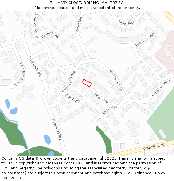 7, HARBY CLOSE, BIRMINGHAM, B37 7GJ: Location map and indicative extent of plot