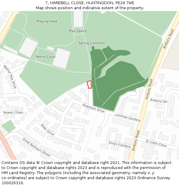 7, HAREBELL CLOSE, HUNTINGDON, PE29 7WE: Location map and indicative extent of plot