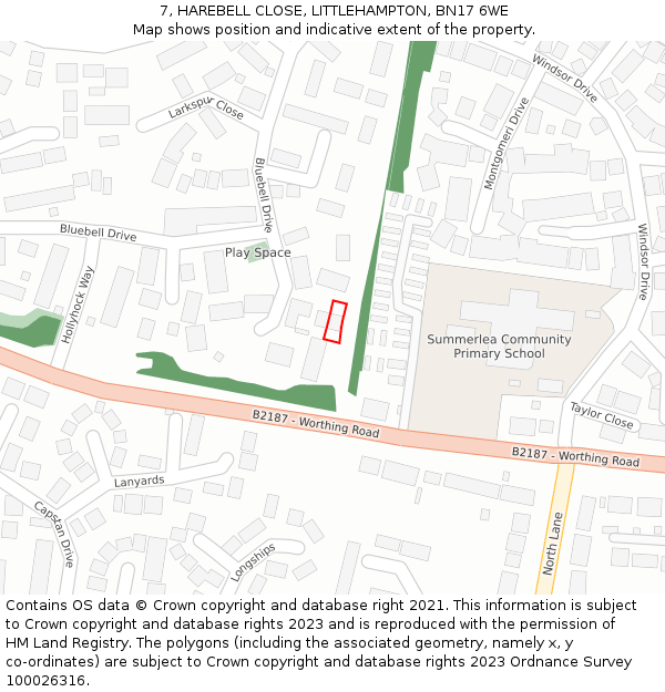 7, HAREBELL CLOSE, LITTLEHAMPTON, BN17 6WE: Location map and indicative extent of plot