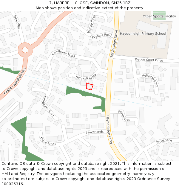 7, HAREBELL CLOSE, SWINDON, SN25 1RZ: Location map and indicative extent of plot