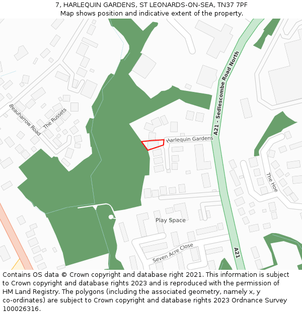 7, HARLEQUIN GARDENS, ST LEONARDS-ON-SEA, TN37 7PF: Location map and indicative extent of plot