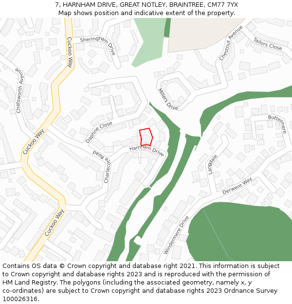 7, HARNHAM DRIVE, GREAT NOTLEY, BRAINTREE, CM77 7YX: Location map and indicative extent of plot