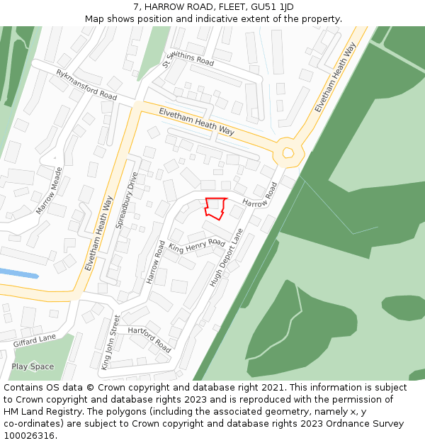 7, HARROW ROAD, FLEET, GU51 1JD: Location map and indicative extent of plot