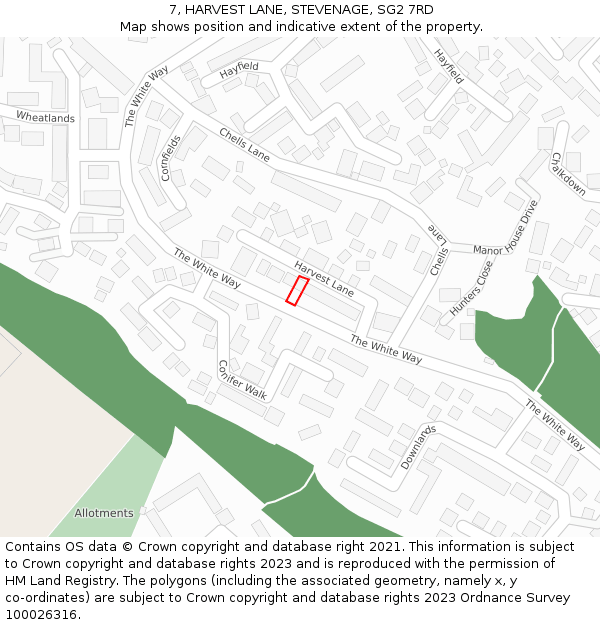 7, HARVEST LANE, STEVENAGE, SG2 7RD: Location map and indicative extent of plot