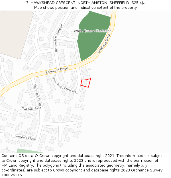 7, HAWKSHEAD CRESCENT, NORTH ANSTON, SHEFFIELD, S25 4JU: Location map and indicative extent of plot