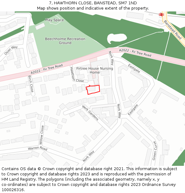 7, HAWTHORN CLOSE, BANSTEAD, SM7 1ND: Location map and indicative extent of plot
