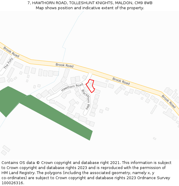 7, HAWTHORN ROAD, TOLLESHUNT KNIGHTS, MALDON, CM9 8WB: Location map and indicative extent of plot